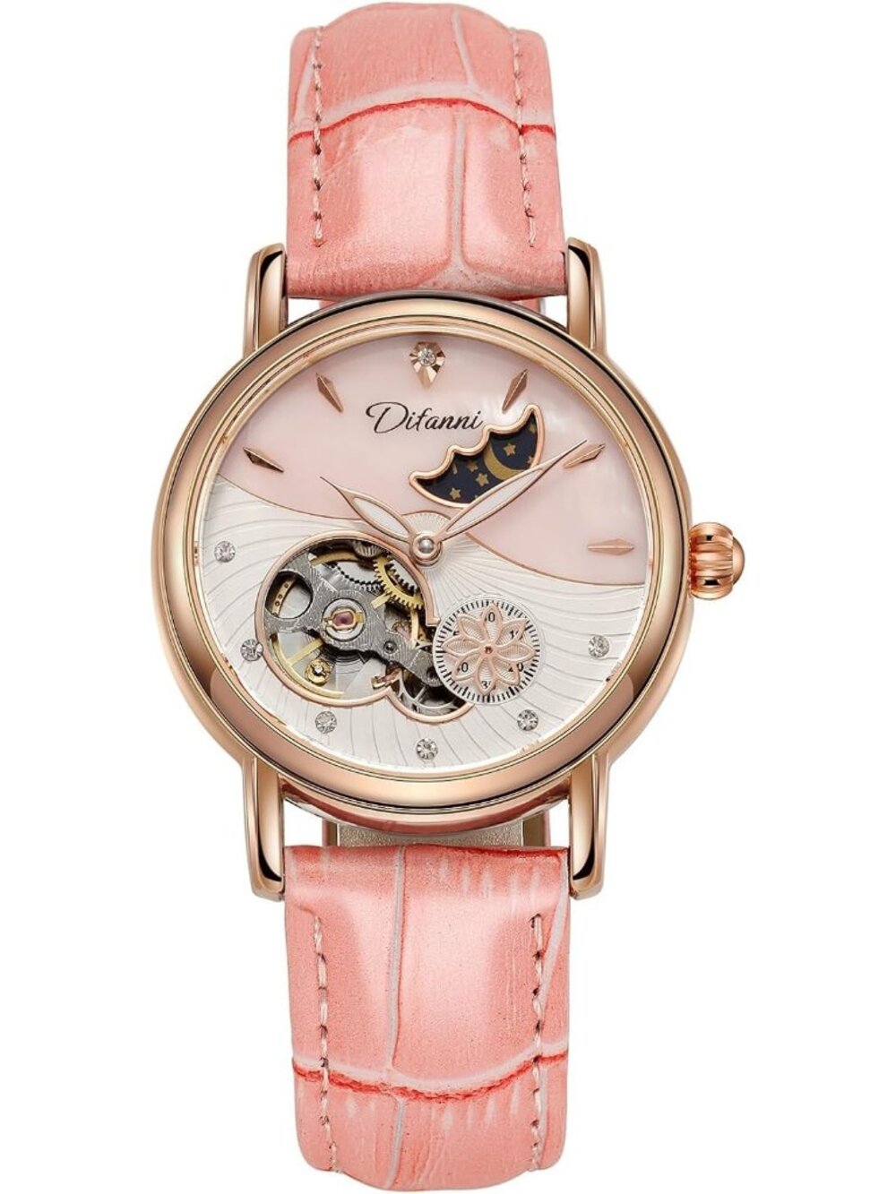 Women's Pink Rose Gold Elegant Leather Strap Waterproof Moon phase Wrist Watch